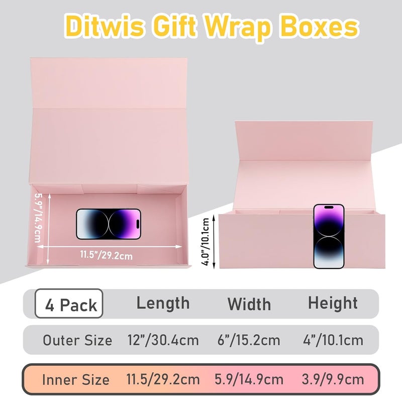 Ditwis 4 Pack 12x6x4 Inches Gift Boxes with Magnetic Closure Lids, Pink Magnetic Box for Wedding, Groomsmen Bridesmaid Proposal, Birthdays, Mother's Day - Image 2